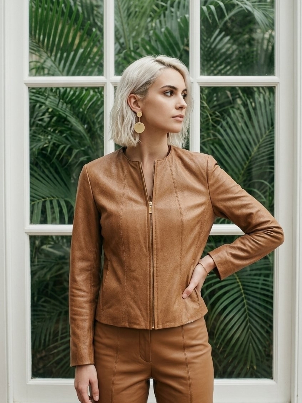 a Siena Studio women's leather jacket in a camel/cognac color